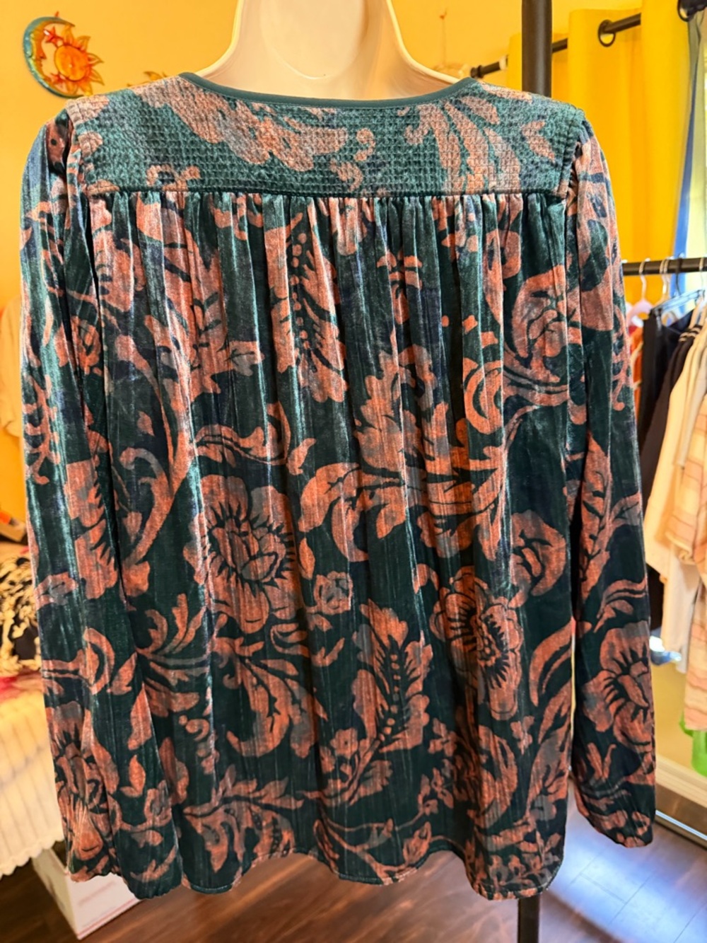 Anthropologie Velvet Floral Blouse – Boho Romantic Top, Teal With Pink, Shiny - Picture 3 of 8